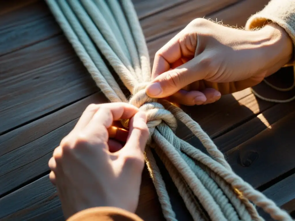 Un par de manos expertas realizando un intrincado nudo de macramé con cuerda natural, iluminadas por suave luz solar