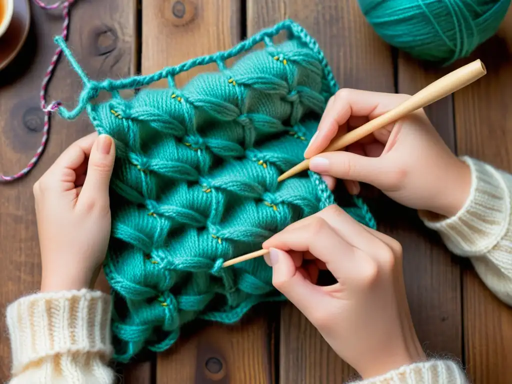 Un par de manos expertas tejen un patrón vintage con lana colorida en una atmósfera acogedora y cálida, rodeadas de suministros de tejido