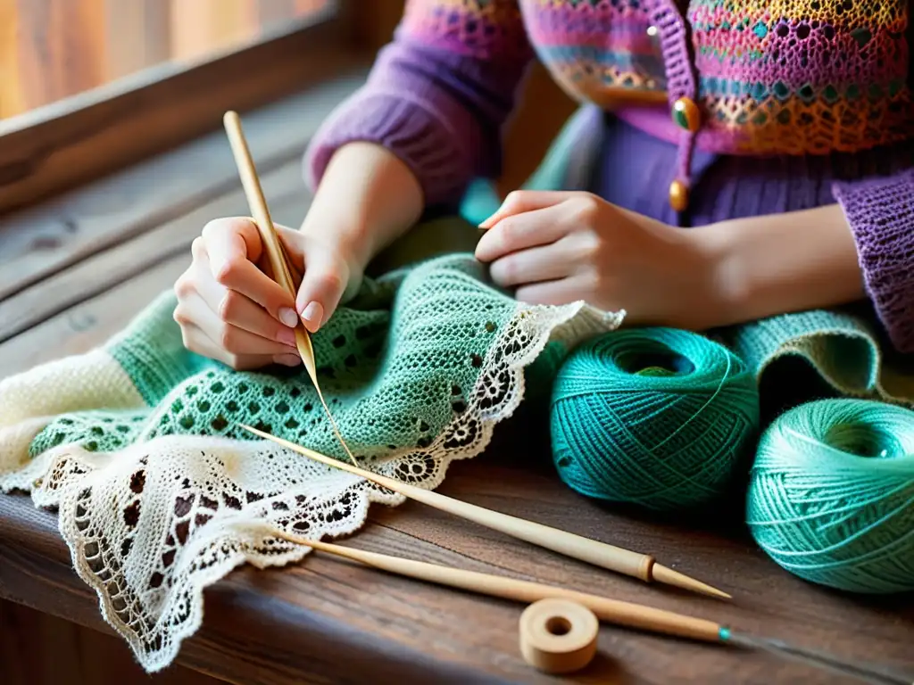 Un par de manos expertas tejen un patrón colorido y complejo entre agujas, lanas y encajes, preservando el arte del tejido con maestría y tradición