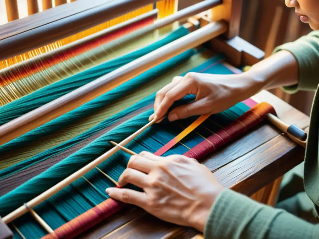 Un par de manos hábiles tejen con cuidado hilos coloridos en un patrón textil tradicional, entre telares de madera y herramientas rústicas