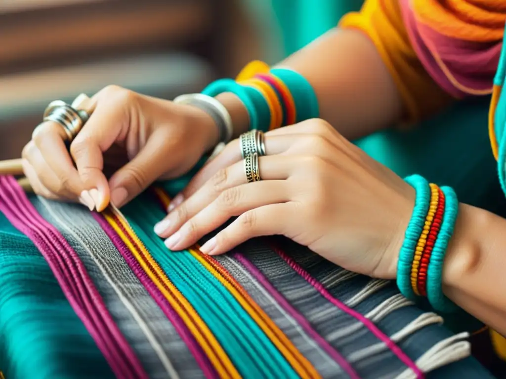 Un par de manos hábiles tejen con delicadeza hilos vibrantes en un patrón textil tradicional, evocando la artesanía y la tradición