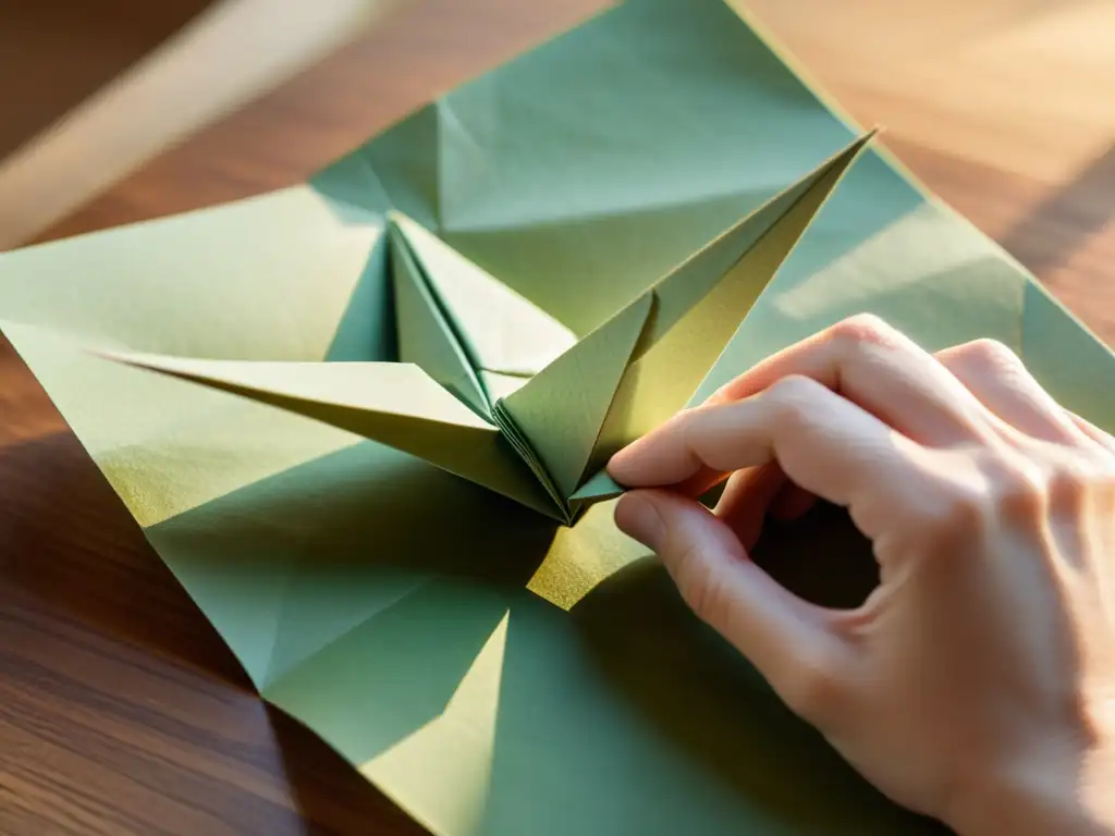 Un par de manos hábiles doblan con precisión una hoja de papel vintage, mostrando la artesanía de la ingeniería de papel digital