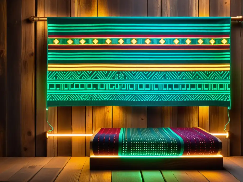 Patrón textil tradicional con tecnología LED brillante sobre madera envejecida, fusionando artesanía y materiales inteligentes