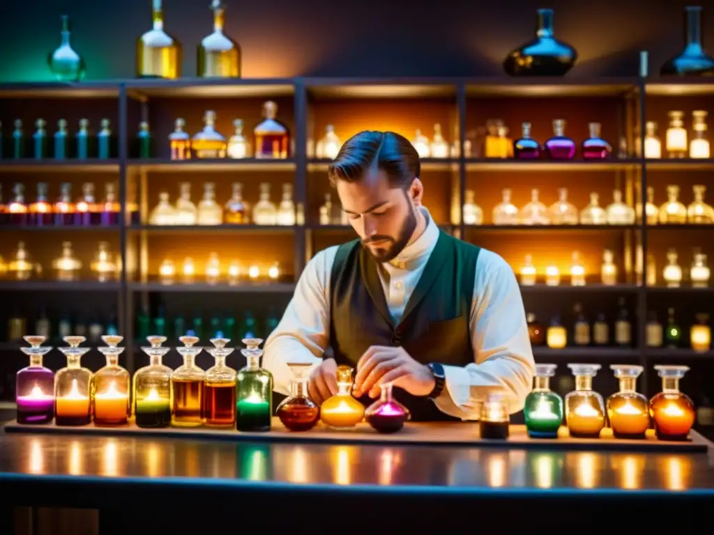 Un perfumista artesanal mezcla esencias en su taller vintage, narrando fragancias en un ambiente de elegancia atemporal