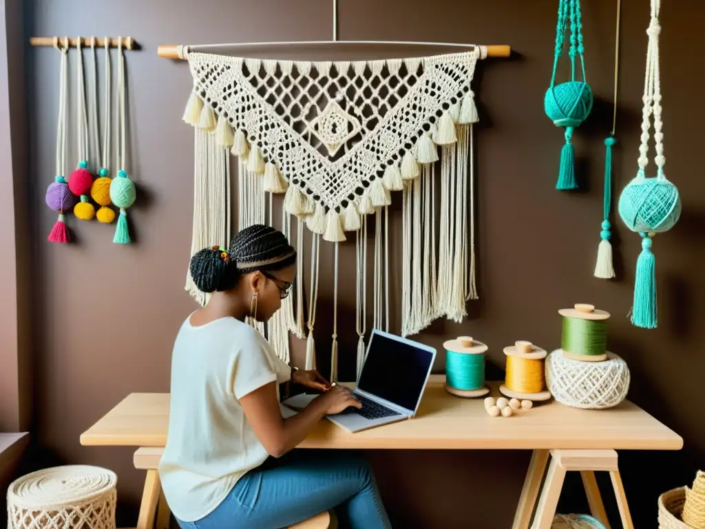 Persona creando arte de macramé con patrones digitales para macramé artesanal en ambiente acogedor y lleno de color