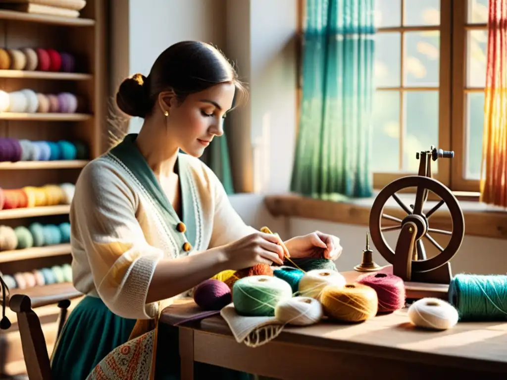 Persona tejiendo con hilos de colores en un telar vintage, evocando la artesanía en la moda