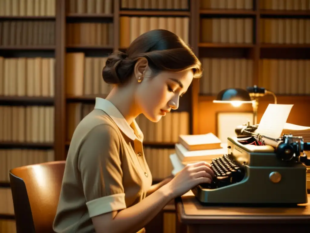 Persona reflexiva escribiendo en máquina de escribir rodeada de libros antiguos