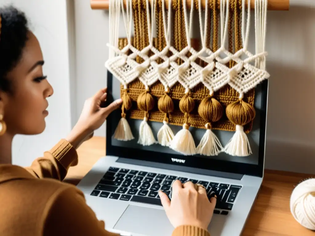 Persona tejiendo un tapiz de macramé en un acogedor ambiente iluminado, siguiendo tutoriales interactivos en línea de macramé en el portátil