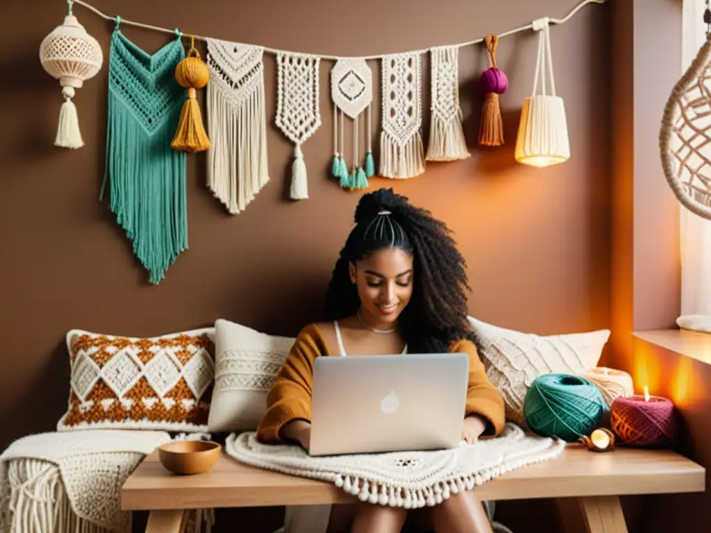 Persona sigue tutoriales interactivos en línea de macramé en acogedora habitación llena de creaciones nostálgicas