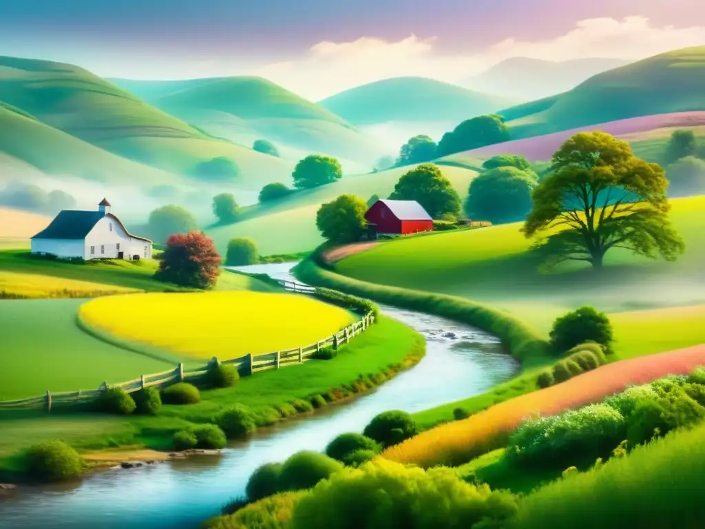 Pintura digital con alma de óleo de un paisaje rural sereno, con colinas, una casa de campo y un arroyo, evocando belleza y nostalgia atemporal