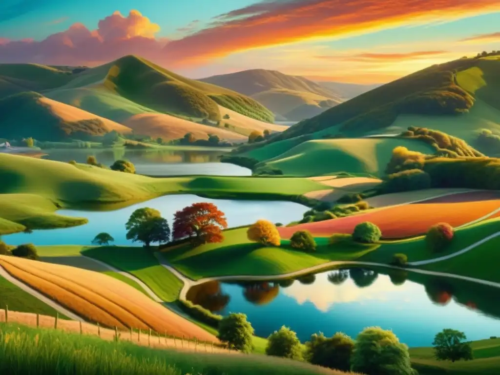 Una pintura digital detallada de un pintoresco paisaje campestre con colinas, un lago sereno y un cielo vibrante al atardecer