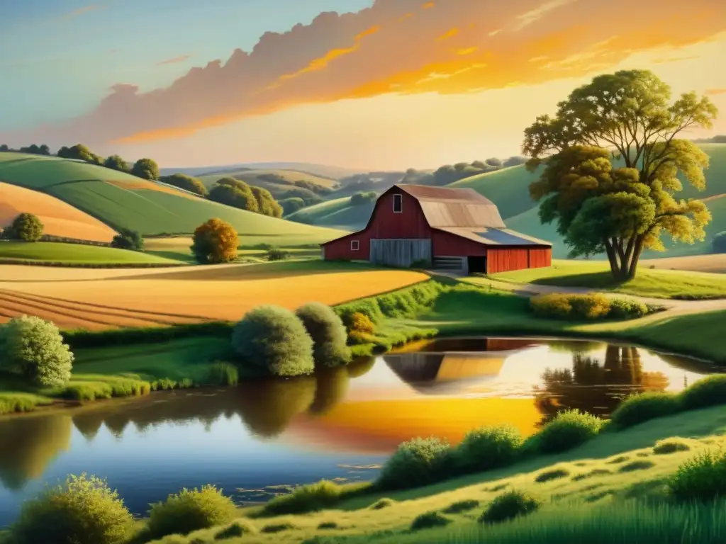 Pintura digital de paisaje rural con técnicas híbridas, evocando nostalgia y belleza atemporal