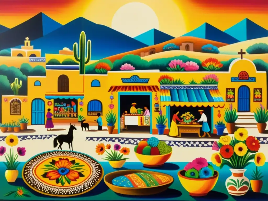 Una pintura vibrante de arte popular mexicano realza los colores en un bullicioso mercado lleno de textiles y flores vibrantes