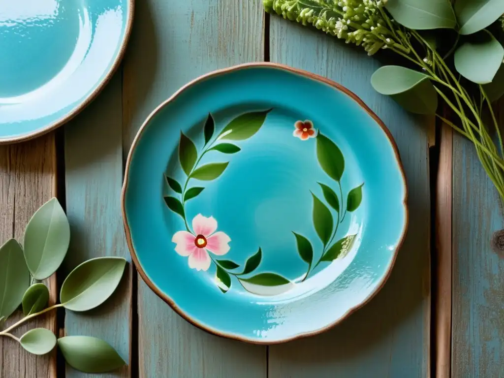 Un plato de cerámica vintage con adornos florales pintados a mano en tonos vibrantes de azul, rosa y verde