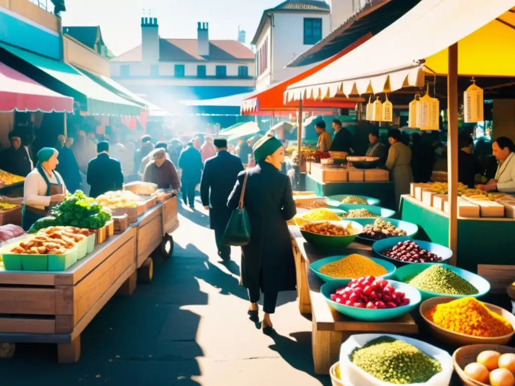 Platos tradicionales en la gastronomía: Fotografía vintage de un bullicioso mercado de comida al aire libre con coloridos puestos y animado ambiente