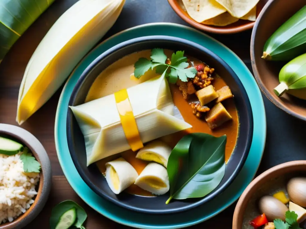 Platos tradicionales en la gastronomía latinoamericana: tamales, ceviche, queso fundido y tortillas, en una mesa rústica iluminada con luz natural