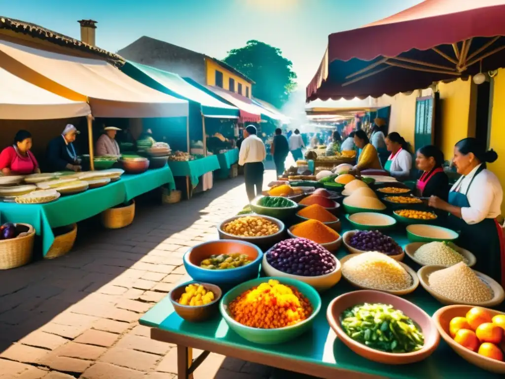 Platos tradicionales en la gastronomía: Mercado bullicioso en un pueblo latinoamericano con coloridos platillos y ambiente comunitario