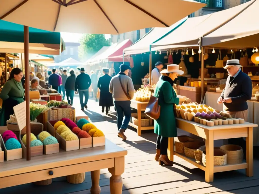 Posicionamiento de marca artesanal en blogs: mercado vintage con artesanos, productos coloridos y cálida luz solar, evocando tradición y artesanía