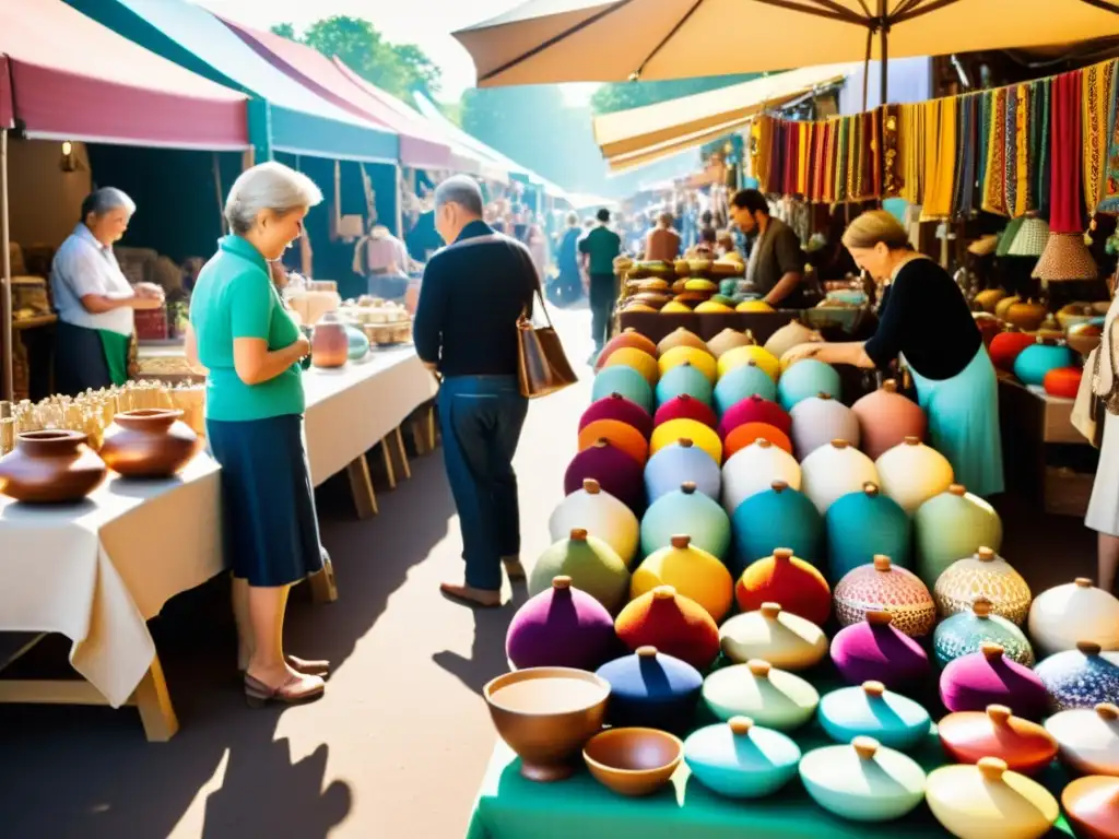 Posicionamiento SEO para artesanías digitales: Imagen de mercado artesanal vintage con productos coloridos y ambiente acogedor al atardecer