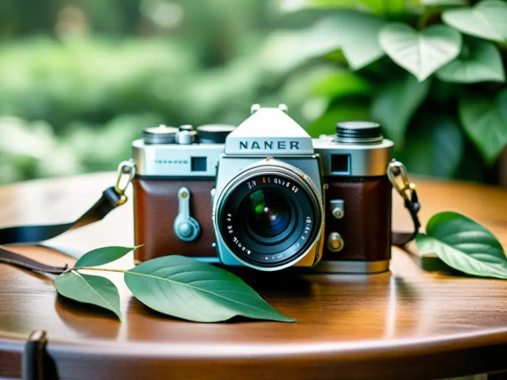 Prácticas sostenibles fotografía artesanal: cámara vintage en mesa de madera rodeada de naturaleza, luz suave entre hojas, fotógrafo ajustando cámara