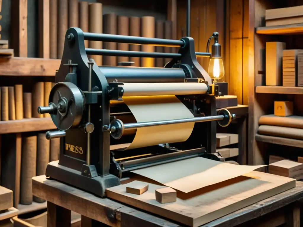 Una prensa de imprenta tradicional rodeada de papel envejecido, rodillos de tinta y bloques de madera, en un taller rústico y cálido