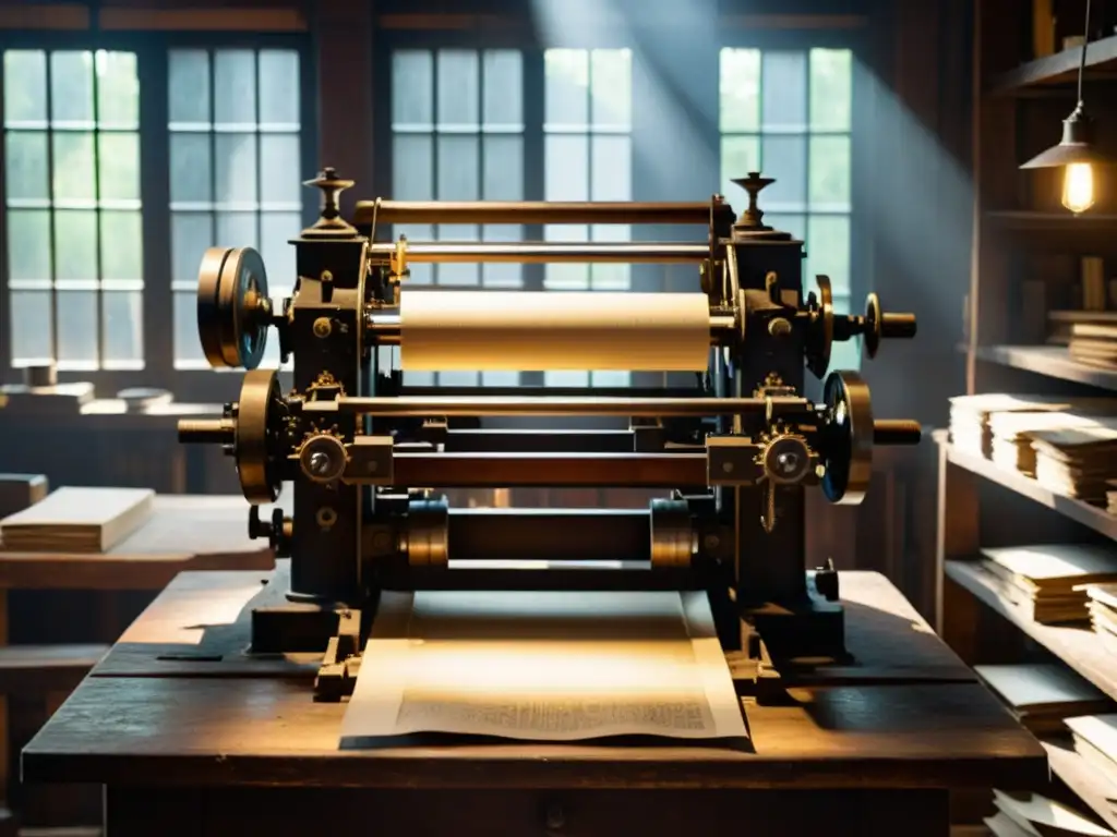 Una prensa de impresión vintage en un taller con luz tenue, rodeada de papel envejecido y herramientas manchadas de tinta