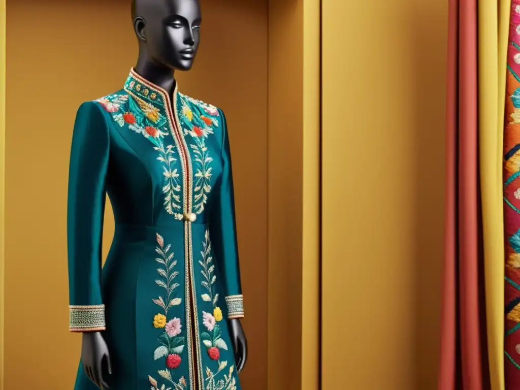 Arte textil tradicional convertido en moda digital Probadores virtuales moda artesanal: Textil tradicional bordado digitalmente en maniquí virtual, fusionando artesanía y tecnología