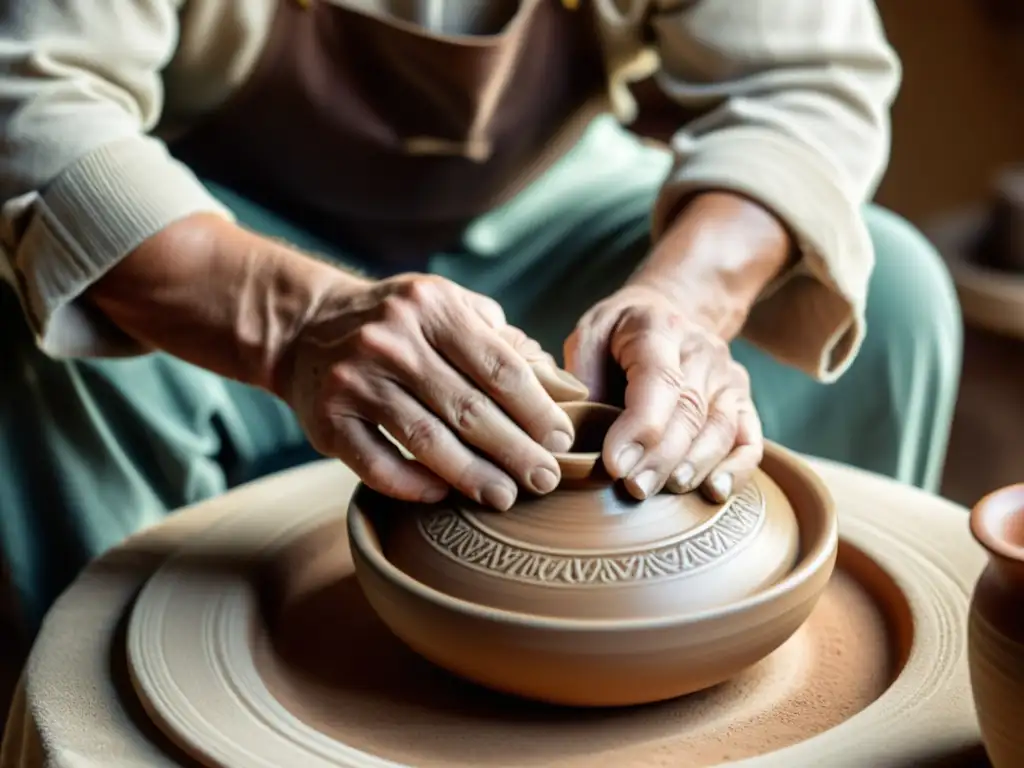 Fotografía de productos artesanales: Artesano trabajando en delicada cerámica, con luz natural resaltando los detalles y destreza artesanal