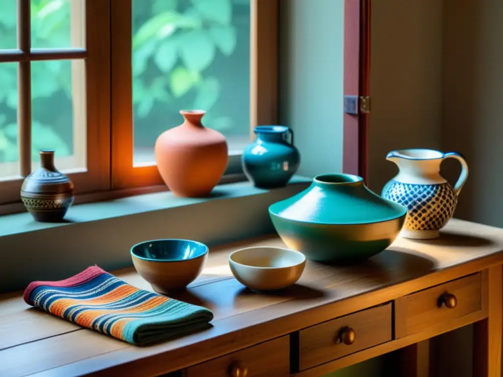 Artesanías de madera y cerámica: Belleza vintage Fotografía de productos artesanales coloridos en una mesa de madera vintage, iluminados por luz natural cálida