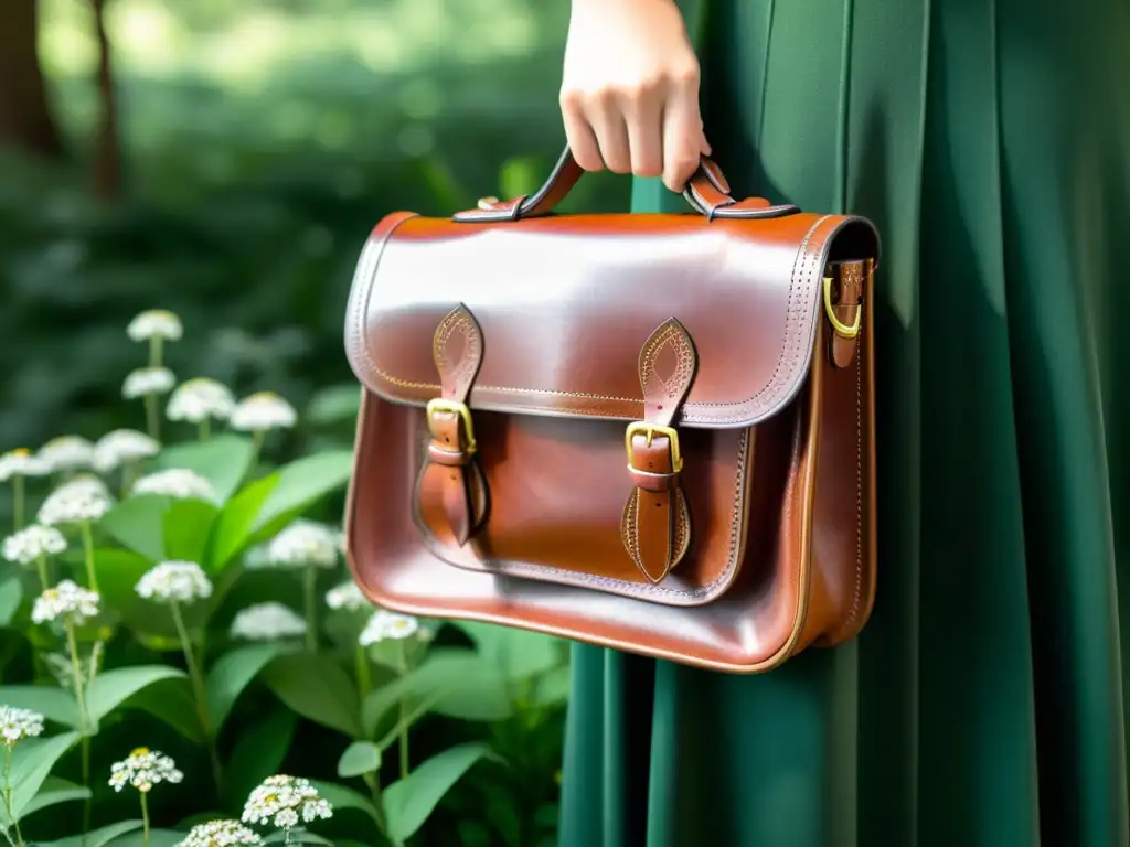 Fotografía de productos artesanales en entornos naturales: Bolso de cuero artesanal en el bosque, iluminado por suave luz solar entre las hojas