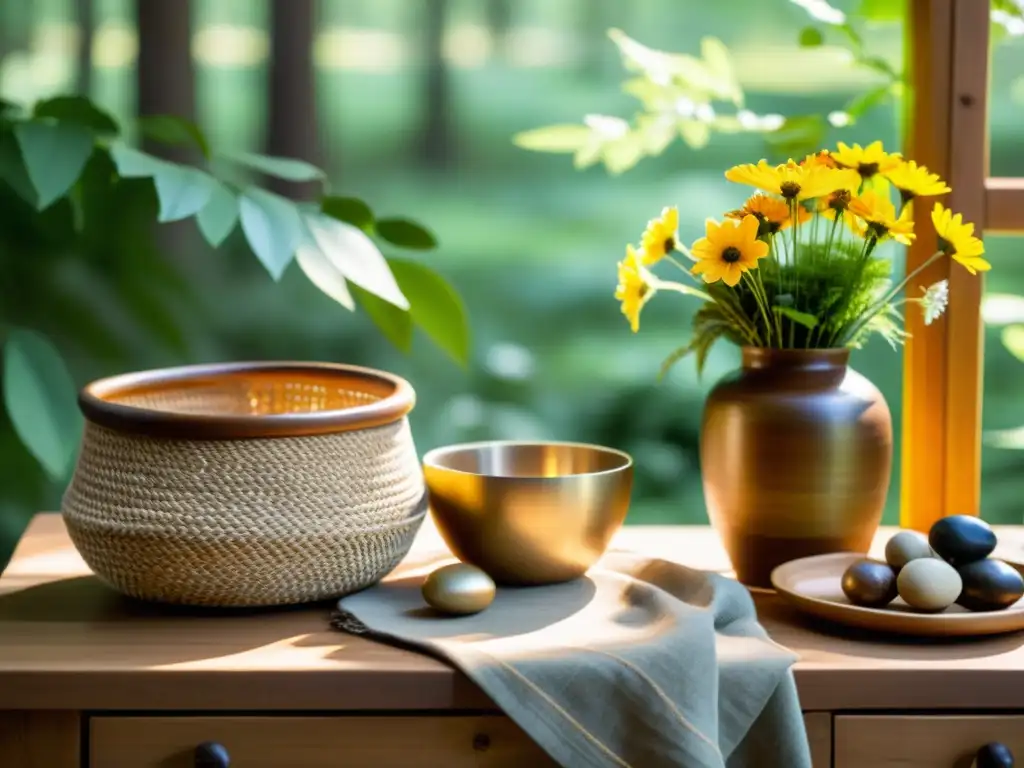 Fotografía de productos artesanales en entornos naturales: Mesa rústica rodeada de naturaleza, con luz cálida filtrándose entre las hojas