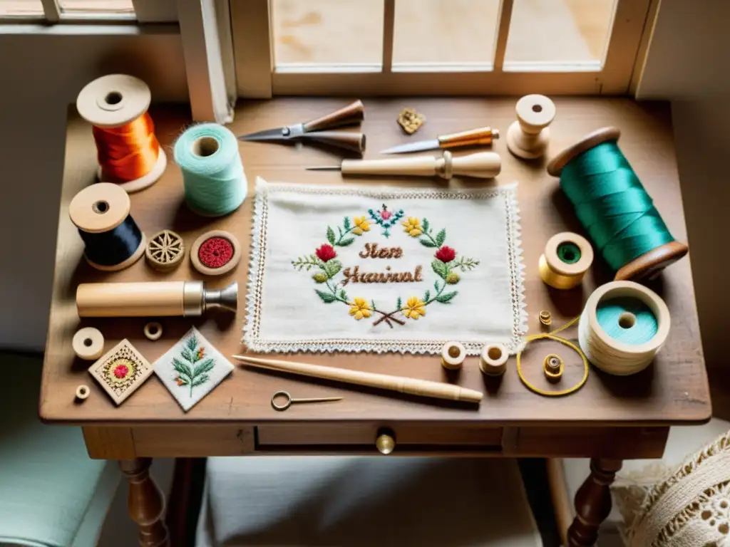 Fotografía de productos artesanales estacionales: Mesa rústica con herramientas y materiales para la artesanía tradicional, iluminada por luz natural