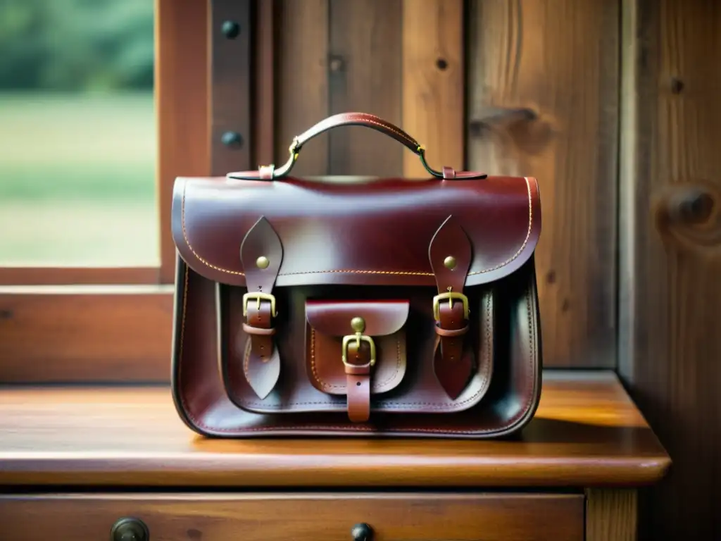 Fotografía para productos artesanales: Hermosa bolsa de cuero artesanal sobre mesa de madera rústica, bañada por suave luz natural