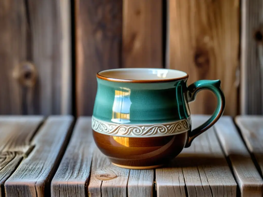 Fotografía de productos artesanales en internet: Detalle de una taza de cerámica artesanal con decoración pintada a mano, sobre fondo de madera envejecida, evocando calidez y nostalgia