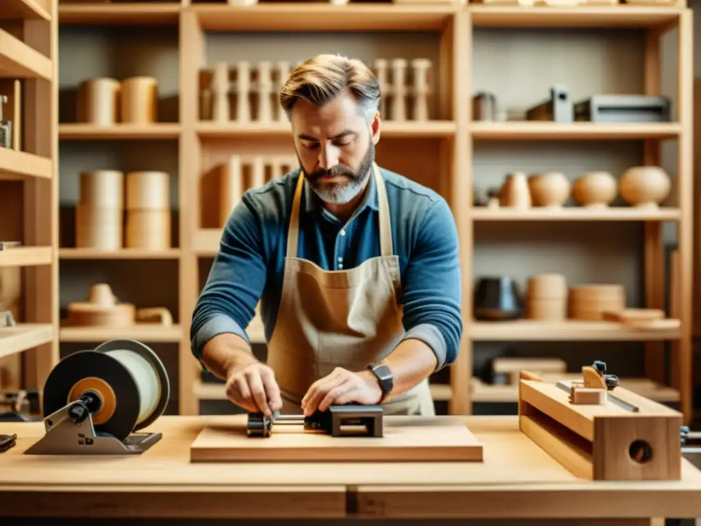 Un carpintero hábil crea prototipos rápidos de madera con impresión 3D en un taller, fusionando tradición con innovación