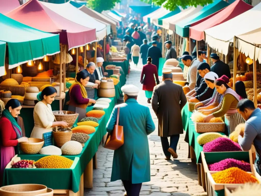 Mercado artesanal: colores y detalles vibrantes Publicidad en línea para artesanos: Un bullicioso mercado vintage lleno de artesanos y clientes, con productos artesanales y colores vibrantes