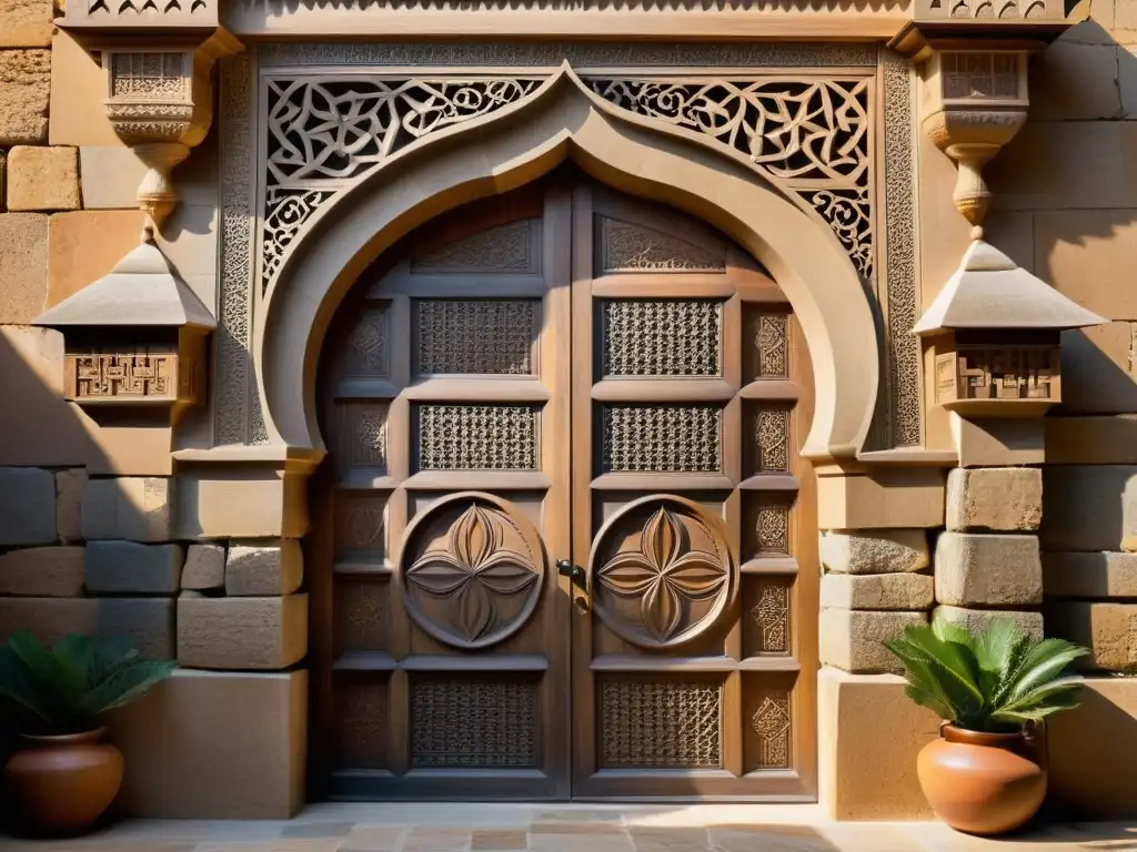 Una puerta vintage de madera con intrincados diseños geométricos y caligrafía islámica, evocando la Geometría Sagrada Islámica en Arquitectura