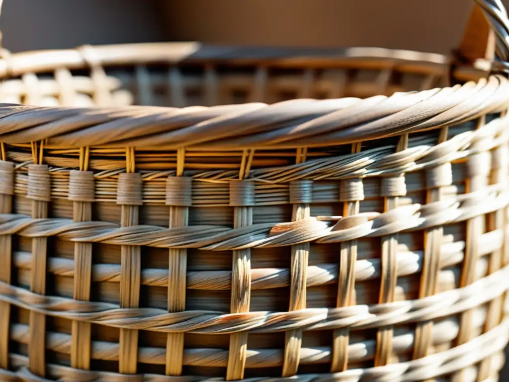 Renacimiento de la cestería: una cesta de mimbre vintage con fibras naturales tejidas de forma intrincada, bañada en suave luz solar