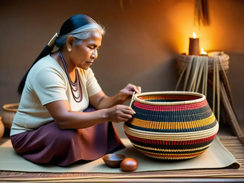 Renacimiento digital de la cestería indígena: artesano tejiendo fibras naturales en una cesta tradicional rodeado de diseños artesanales