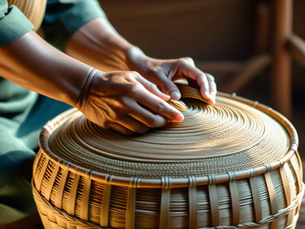 Renacimiento de la cestería: habilidosas manos entrelazan fibras naturales, creando una cesta tradicional con un cálido tono nostálgico