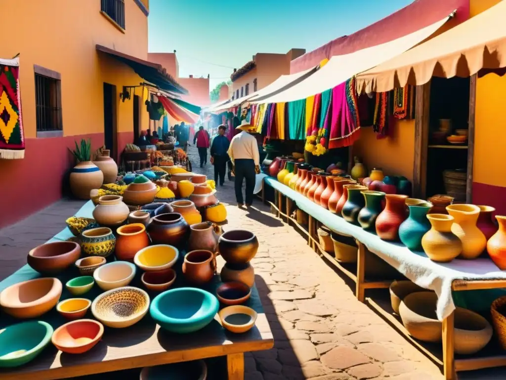 Una fotografía vintage de alta resolución de un mercado de arte popular mexicano, realzando los colores vibrantes y la autenticidad cultural