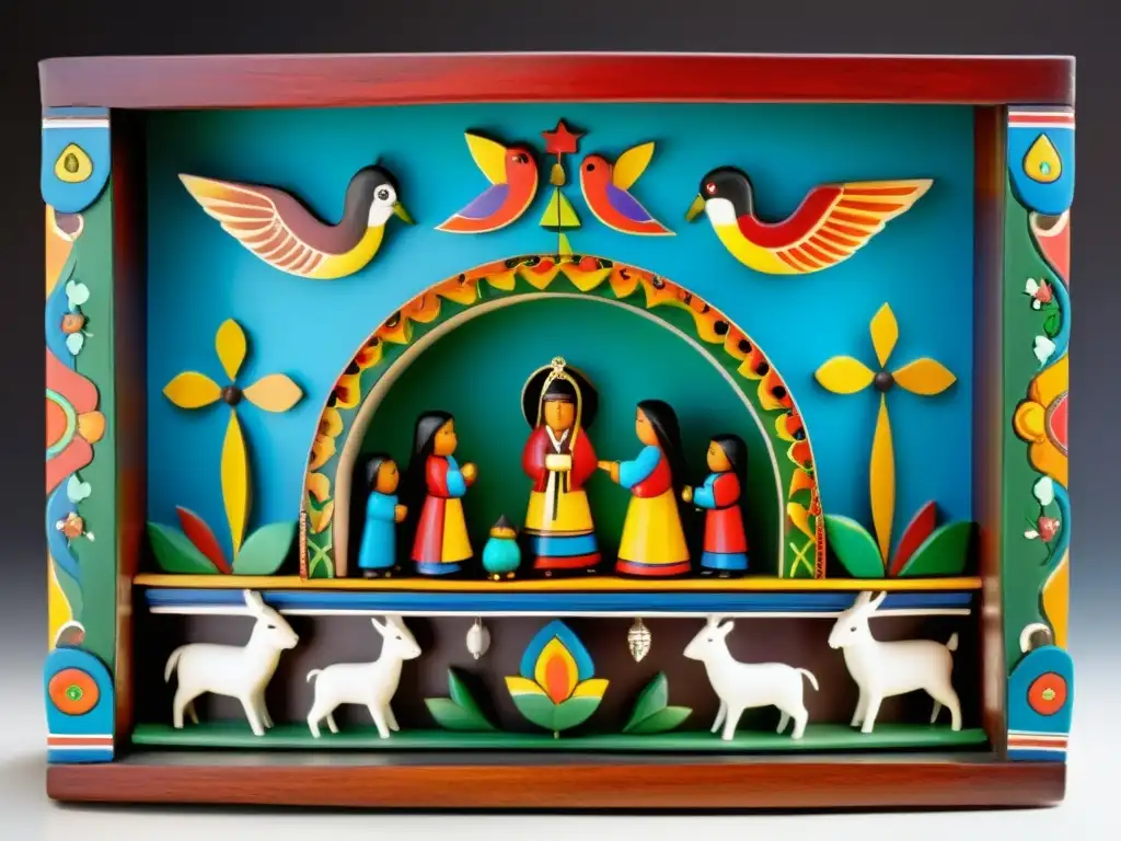 Retablo Andino: un retablo tradicional andino con figuras pintadas y talladas en madera, evocando la historia y tradiciones andinas