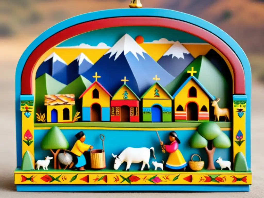 Un retablo Andino muestra la vida en un pueblo andino, con figuras minúsculas y detalles vibrantes, rodeado de los imponentes Andes