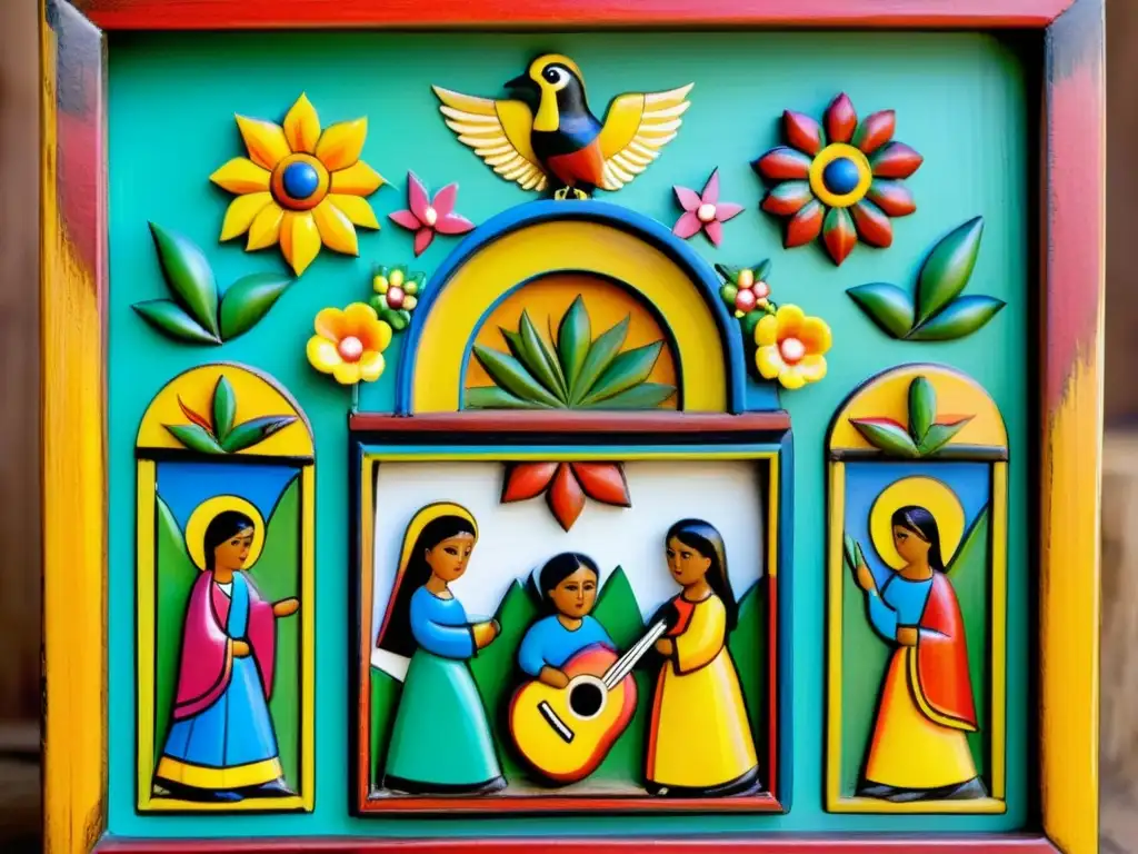 Un retablo artesanal mexicano, detallado y colorido, ilustra la vida cotidiana con maestría