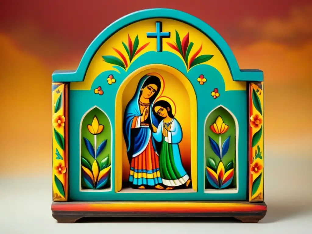 Retablo artesanal mexicano pintado a mano, con detalles intrincados y colores vibrantes