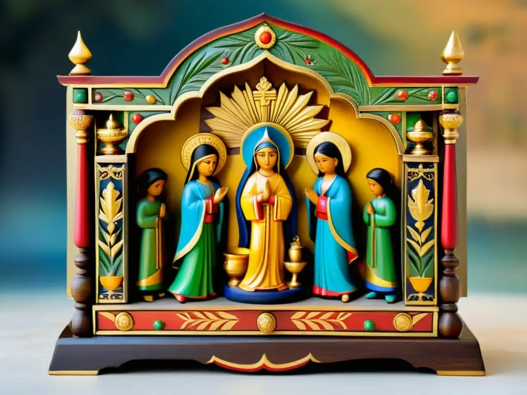 Retablo artesanal meticulosamente tallado y pintado a mano, con detalles vibrantes, hoja de oro y pátina vintage