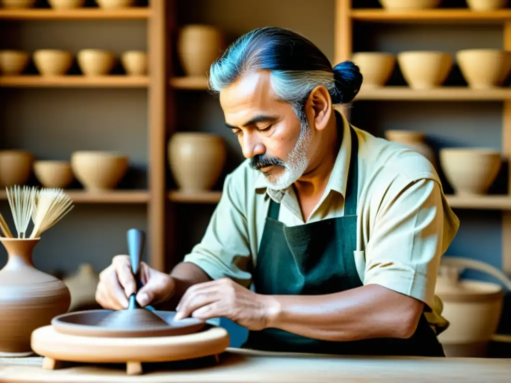 Retrato de artesano apasionado trabajando en artesanía tradicional, con herramientas vintage y modernas