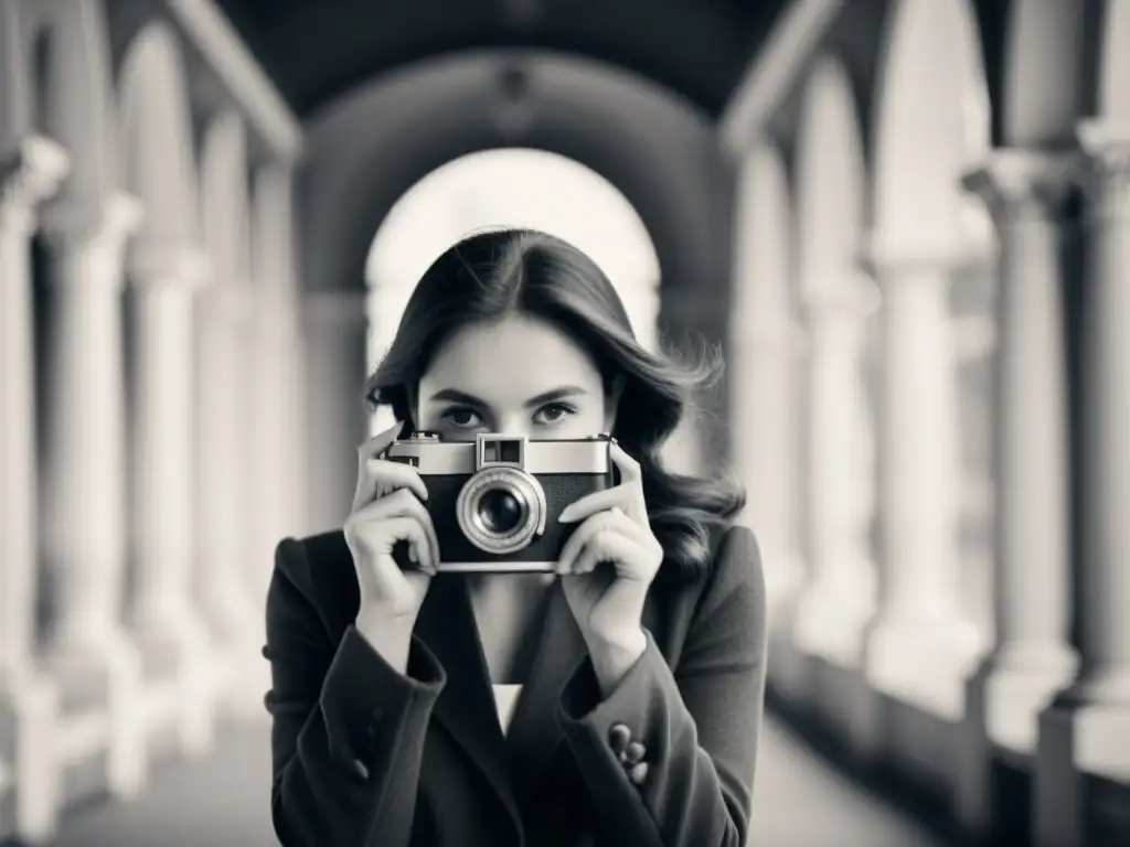 Un retrato en blanco y negro de una persona con una cámara vintage, mirando hacia el espacio vacío con anticipación