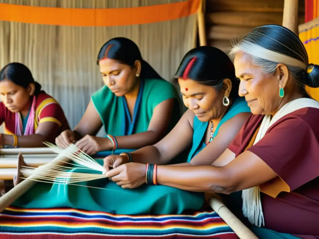 Un retrato nostálgico de artesanos indígenas tejiendo patrones en textiles coloridos, evocando la herencia cultural y la conexión comunitaria