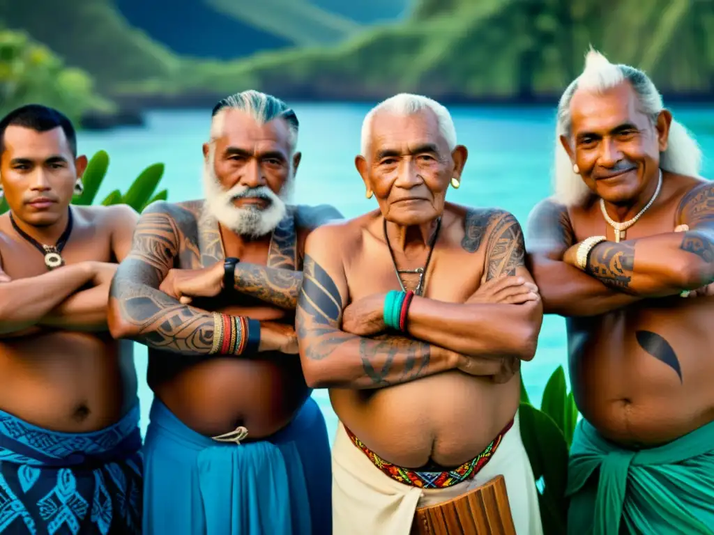 Un retrato vintage de ancianos polinesios con tatuajes tradicionales, danzando en círculo junto al mar y la exuberante vegetación